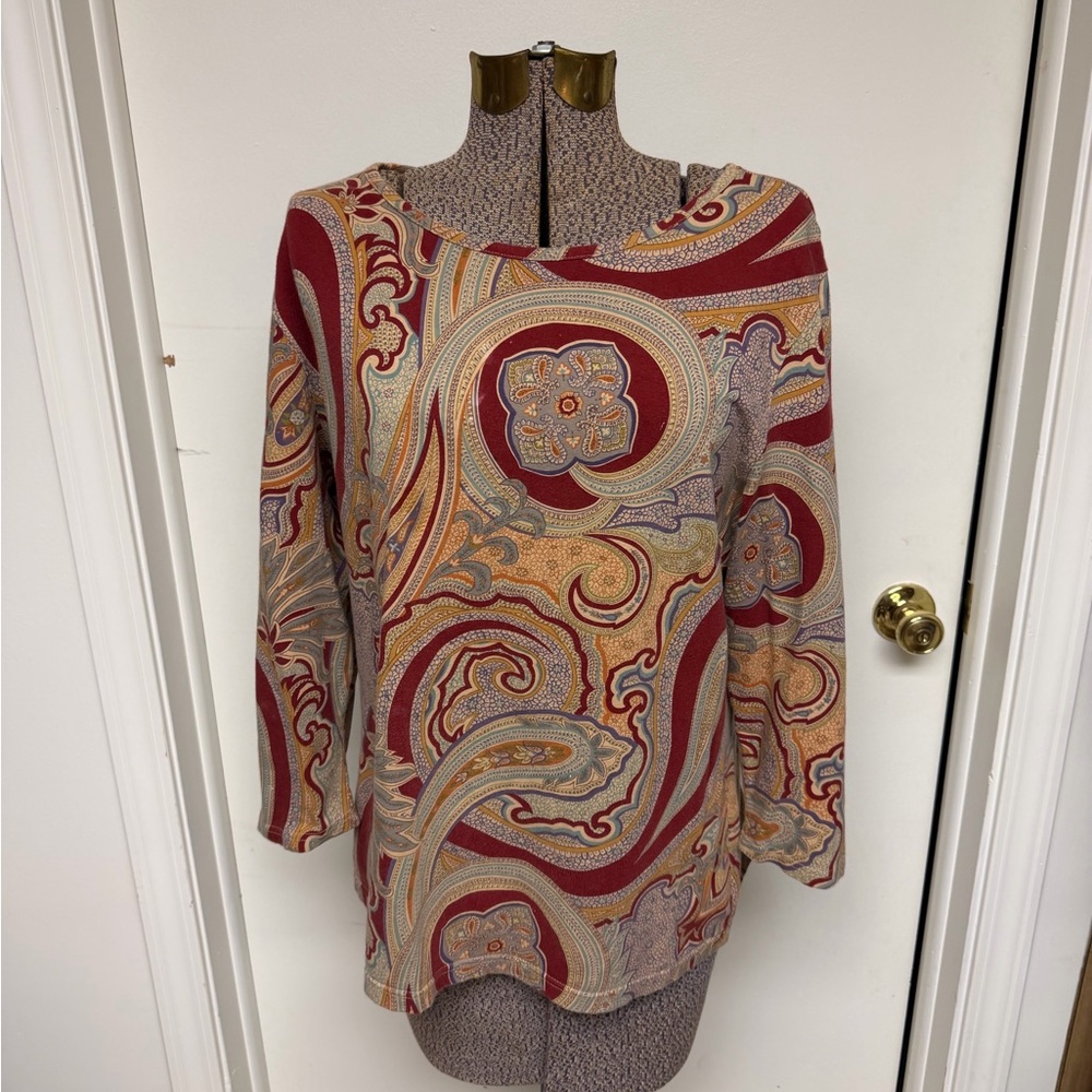 Talbots Paisley Print 3/4 Sleeve Top Size XL Red Beige Blue Cotton Blend